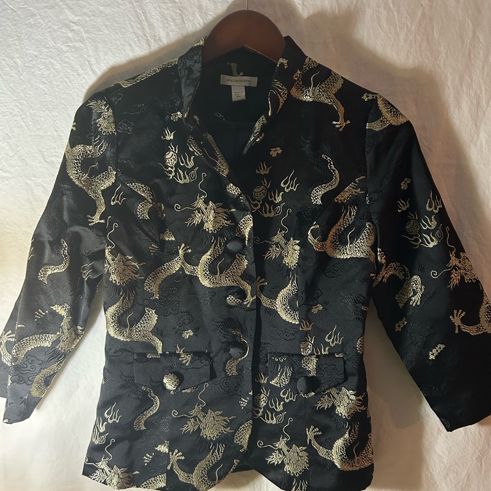 Women’s Vintage Boston Proper Asian Style Blazer Dragon Mandarin Collar Size 2